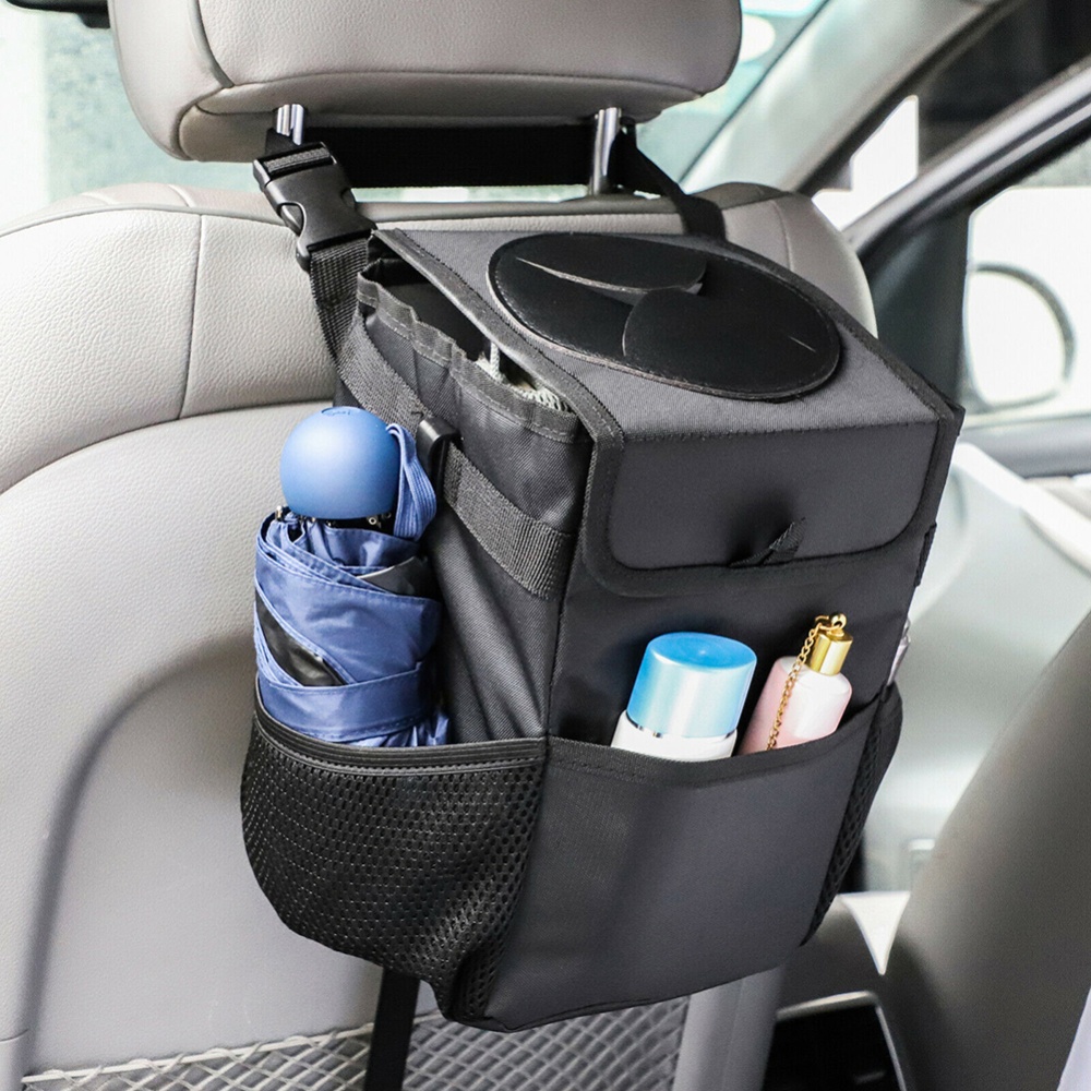 Car Trash Foldable Mini Waterproof Can Hanging Storage Bag Garbage Organizer Box With Adjustable Shoulder Straps Hooks Cords black - Image 3