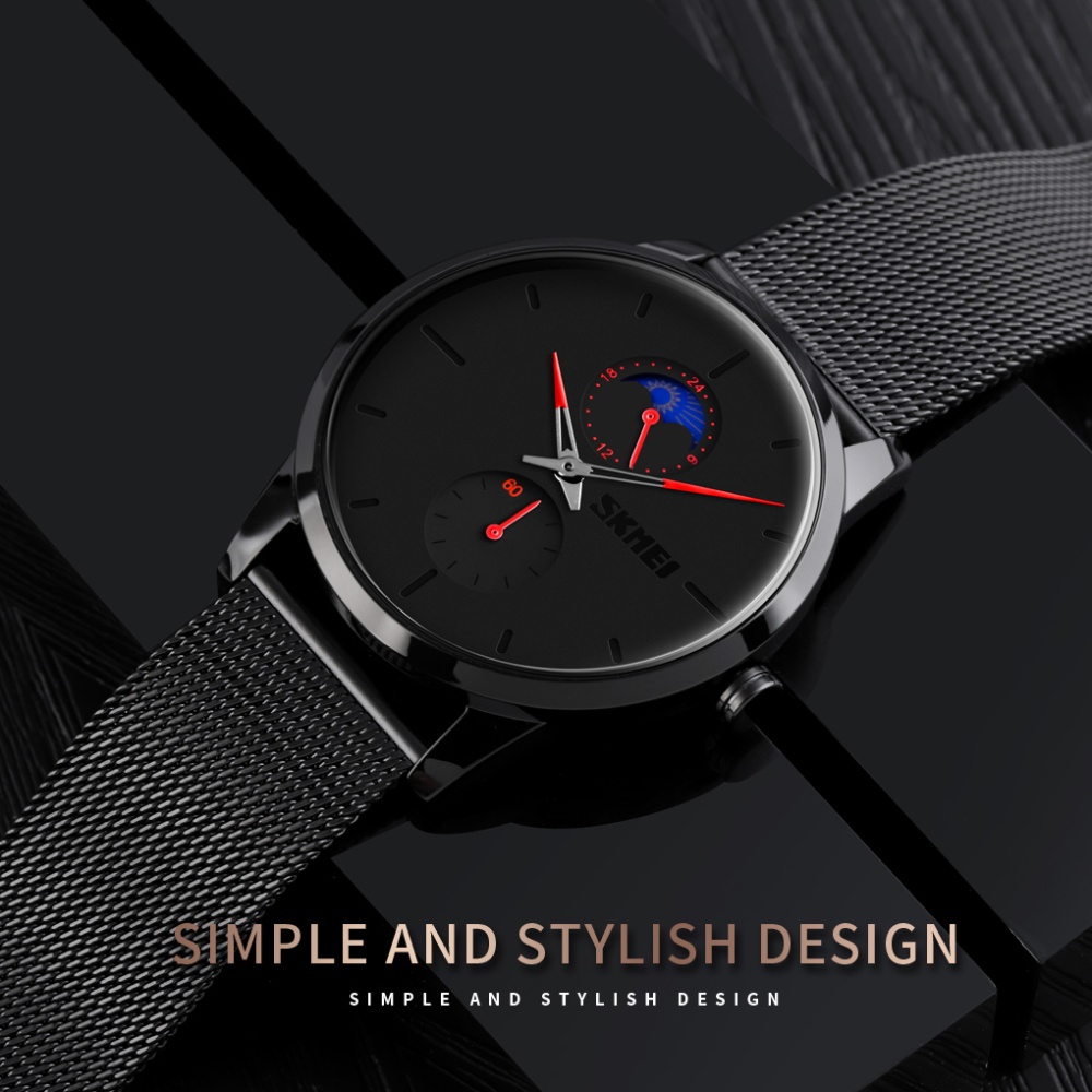 SKMEI Business Men Quartz Watch Round Dial 24 Hours Time Display Moon Phase Casual Sports Wristwatch blue - Image 3