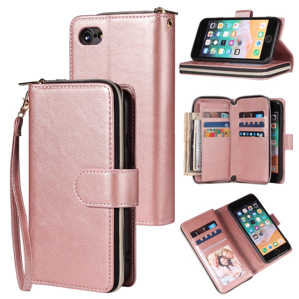 For Iphone 6/6s/6 Plus/6s Plus/7 Plus/8 Plus Pu Leather Mobile Phone Cover Zipper Card Bag + Wrist Strap Rose gold - Image 3