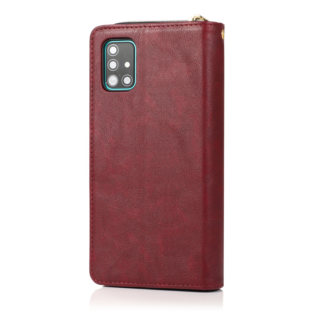 For Samsung A01/A21/A31/A41/A51 Pu Leather Mobile Phone Cover Zipper Card Bag + Wrist Strap Red wine - Image 3