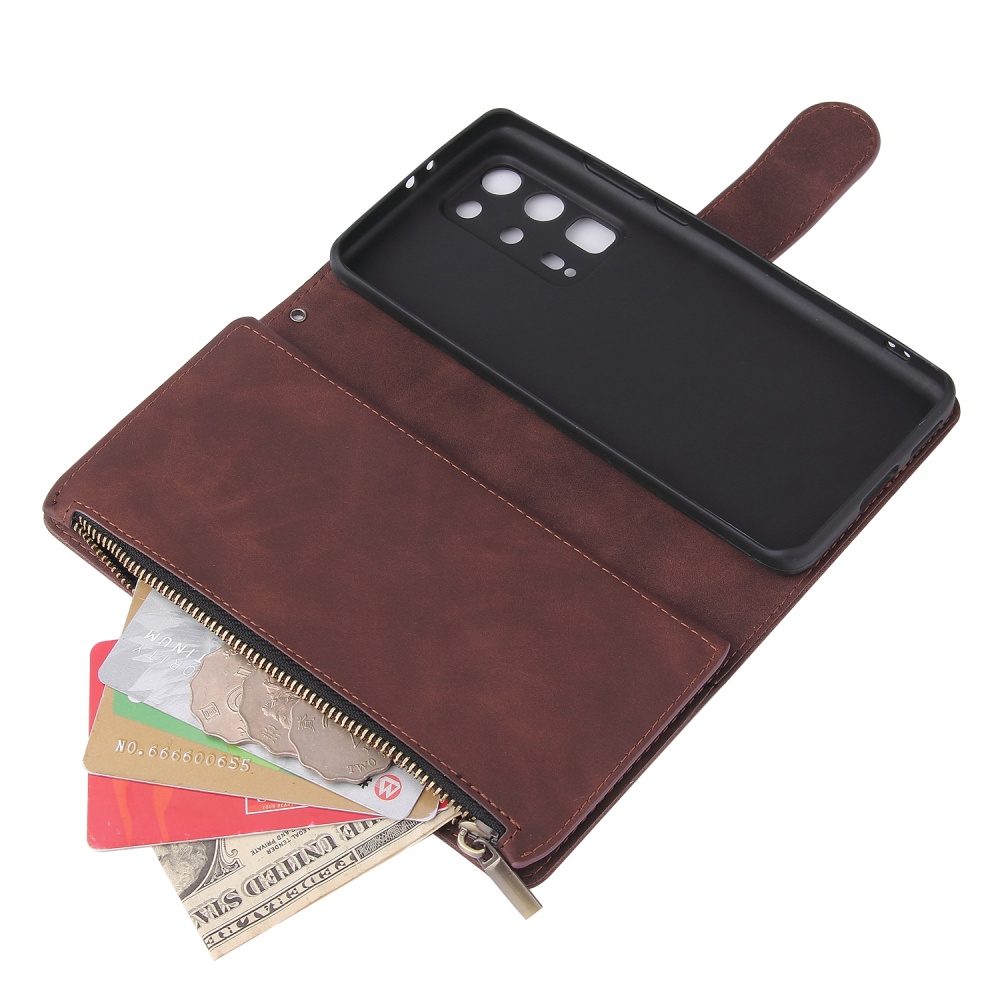 For HUAWEI P40 pro plus Zipper Purse Leather Mobile Phone Cover with Cards Slot Bracket 3 brown - Image 3