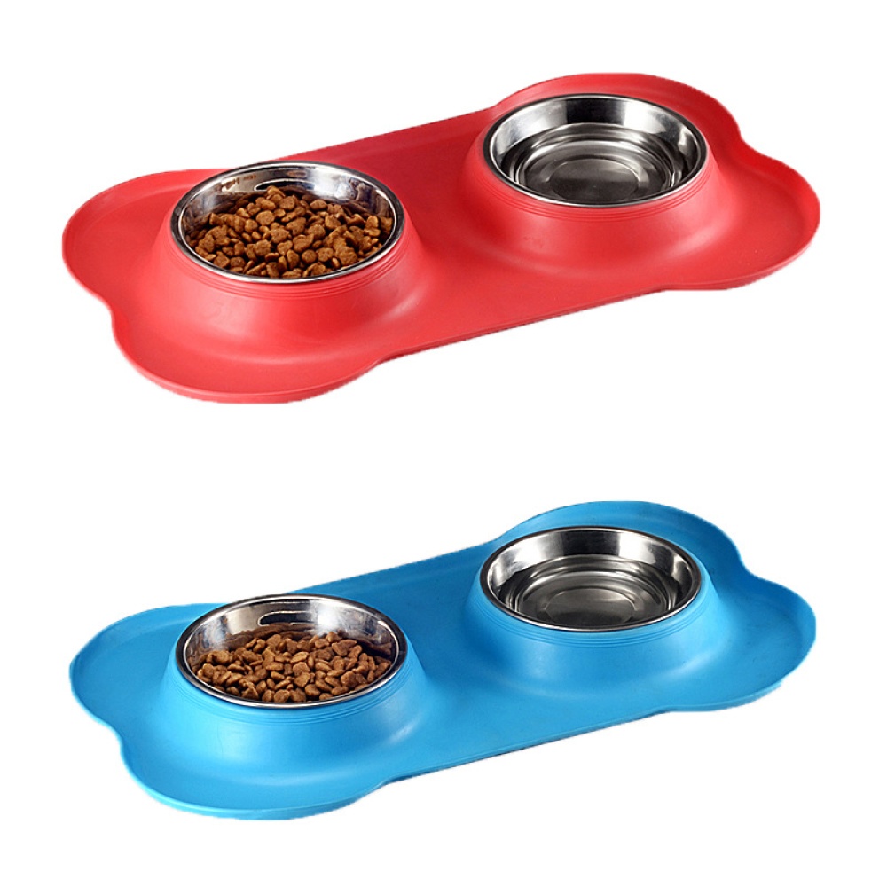 Nonslip Bone Shaped Double Bowl Food Water Feeder Feeding Dishes for Pet Dog Supplies black_46*27cm - Image 3