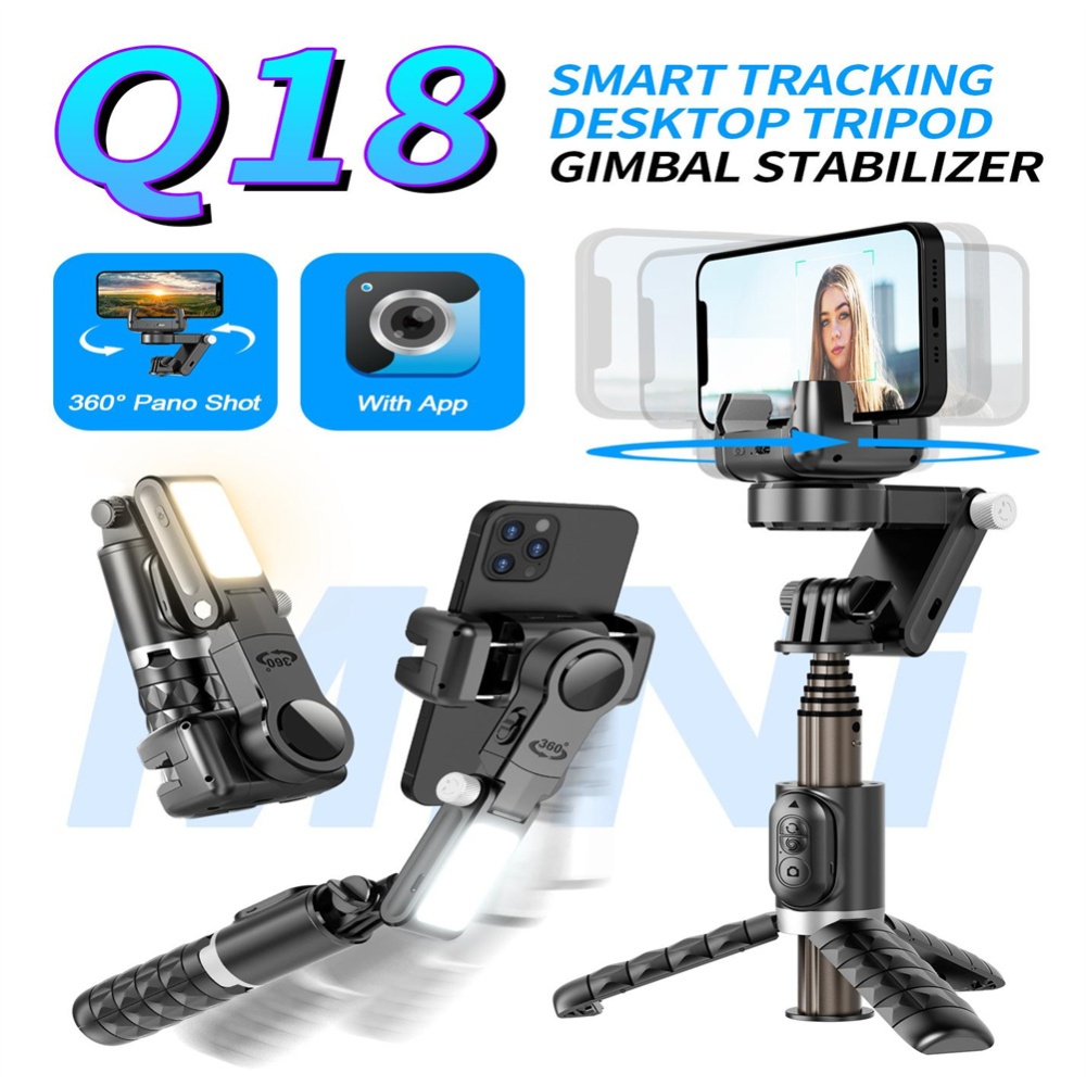 Q18 Mobile Phone Selfie Stick Anti-shake Hand-held Single-axis Gimbal Stabilizer with Fill Light Black - Image 3