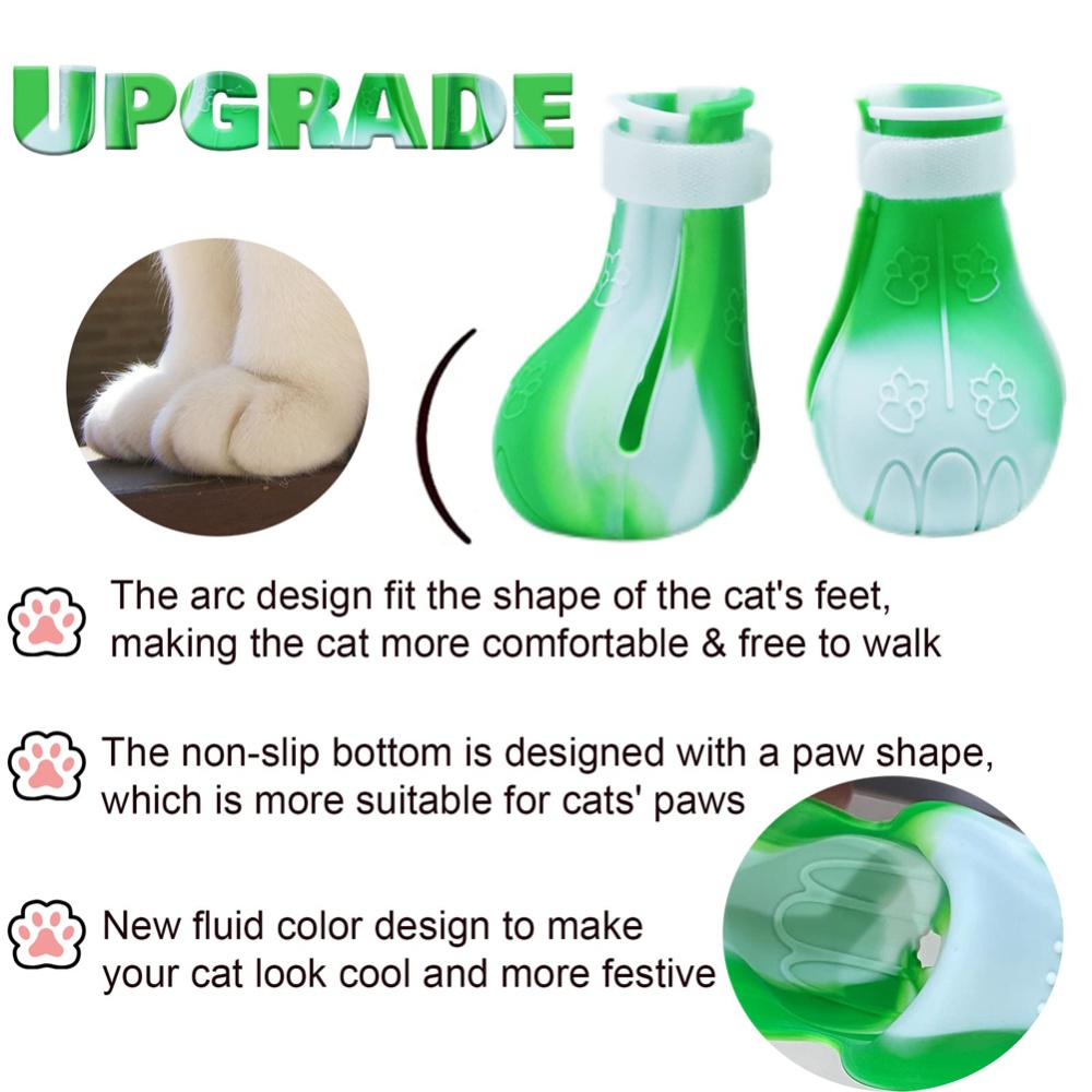 4pcs Pet Cat Silicone Foot Cover Washable Anti-scratch Contrast Color Paw Protector Boot Supplies Green and white mixed color - Image 2