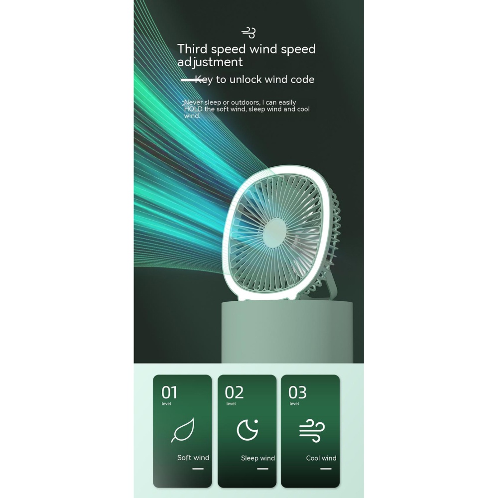 3w 5v Portable Mini Fan With Led Light 3 Levels Usb Rechargeable Air Cooling Household Electrical Appliances Green - Image 3