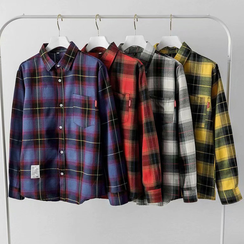 Men's Shirt Casual Long-sleeved Lapel Plaid Pattern Slim Yellow _XXXL - Image 3