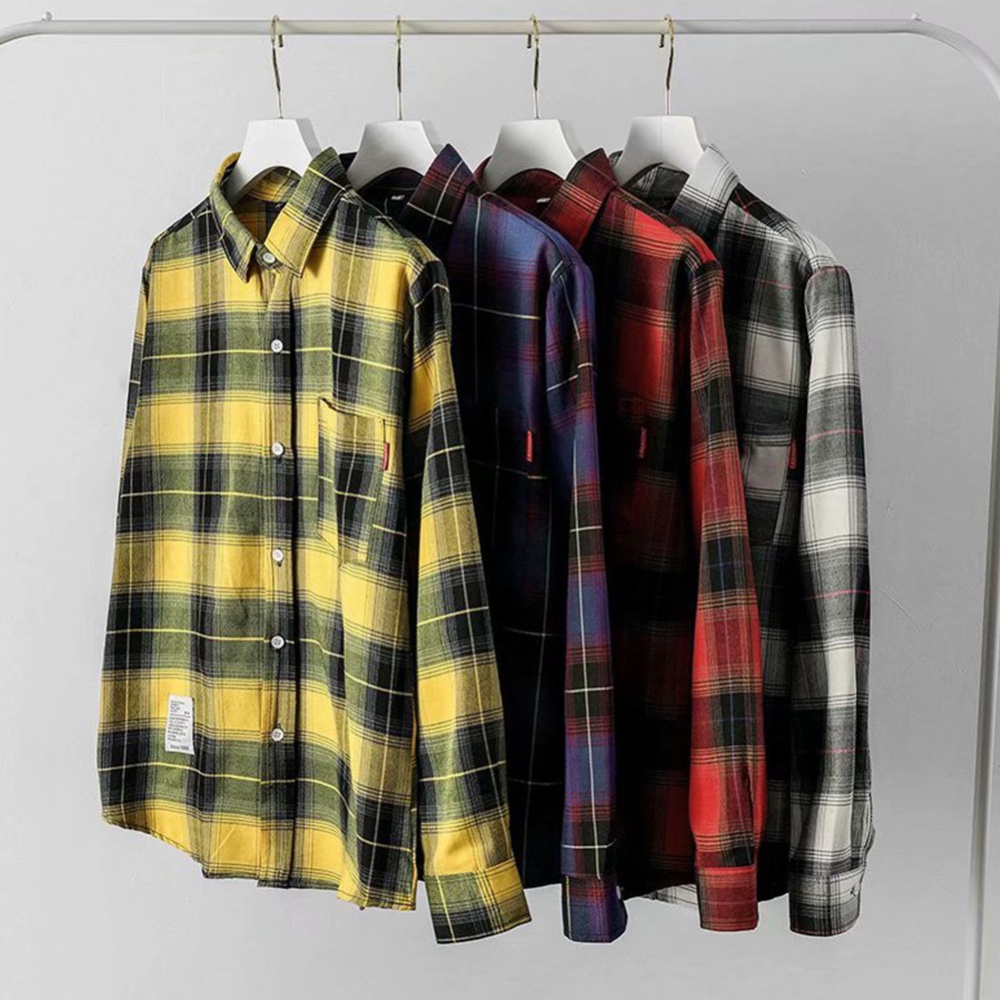 Men's Shirt Casual Long-sleeved Lapel Plaid Pattern Slim Yellow _XXXL - Image 2