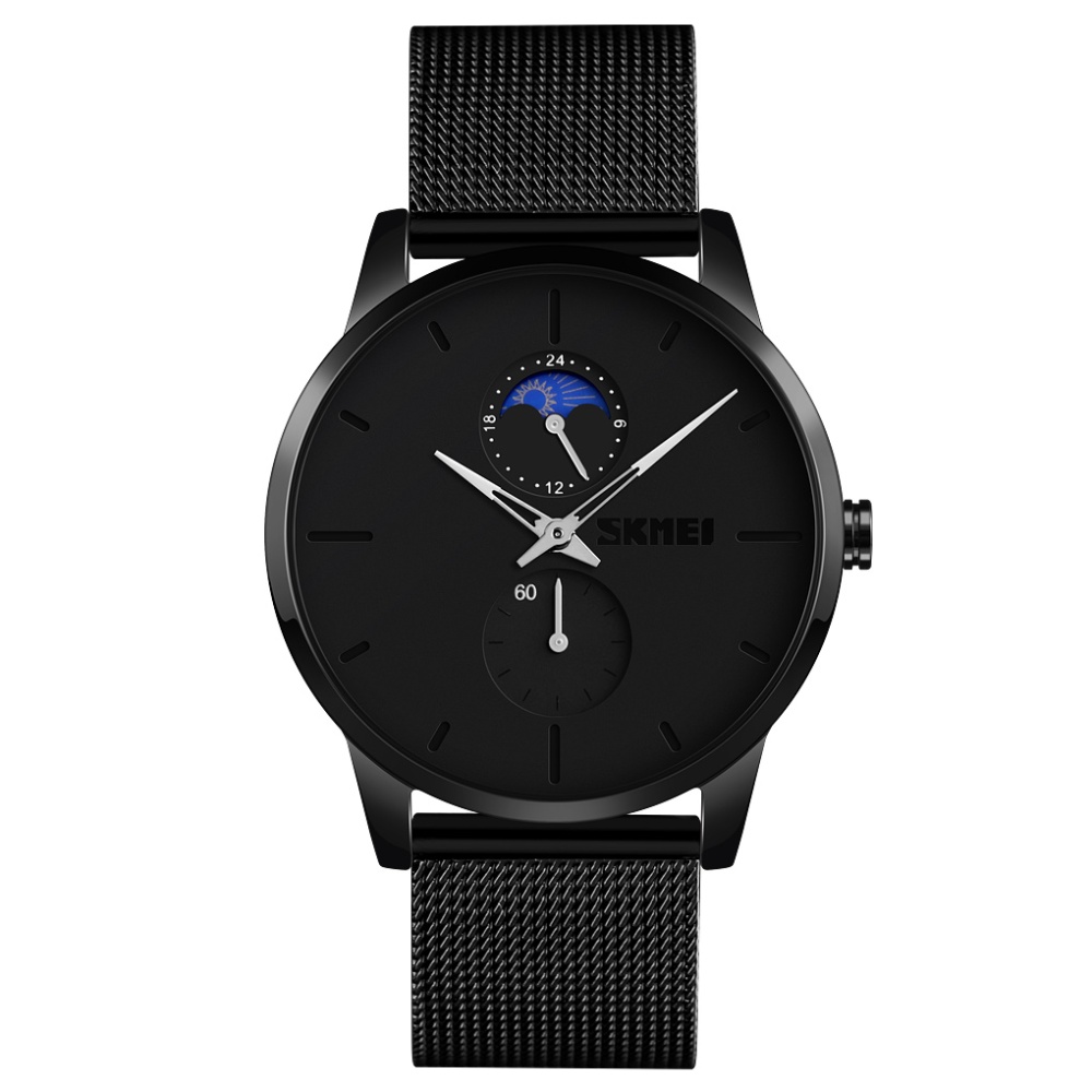 SKMEI Business Men Quartz Watch Round Dial 24 Hours Time Display Moon Phase Casual Sports Wristwatch black - Image 2