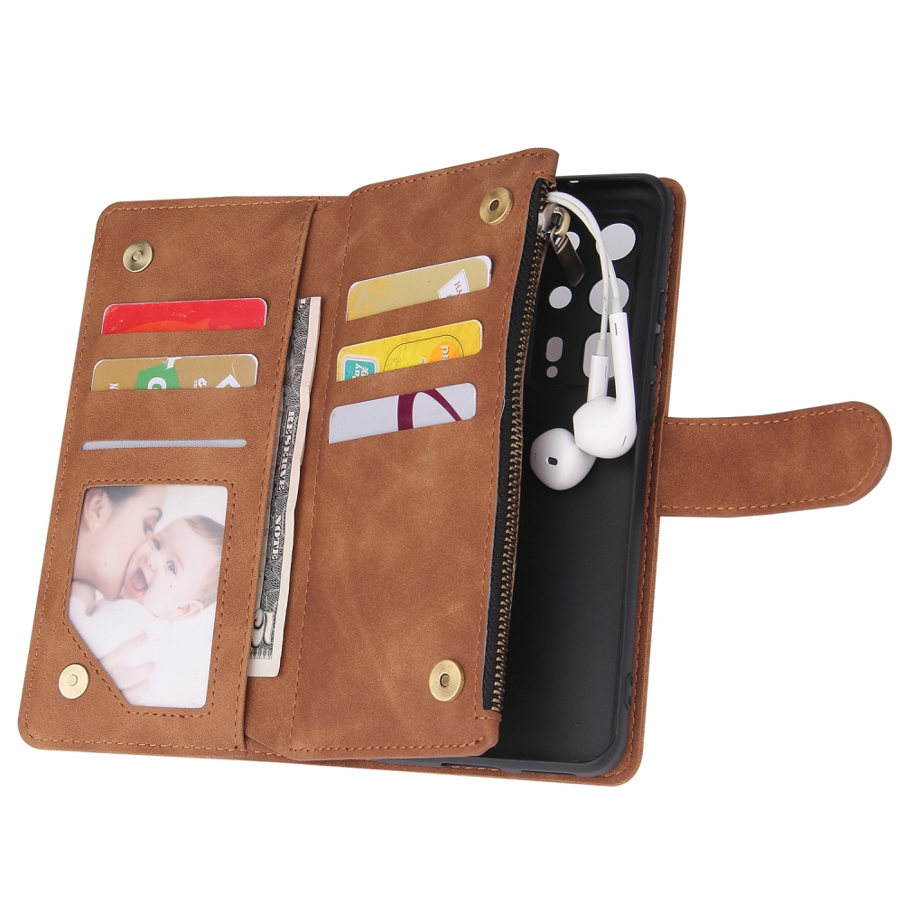 For HUAWEI P40 pro plus Zipper Purse Leather Mobile Phone Cover with Cards Slot Bracket 4 brown - Image 3