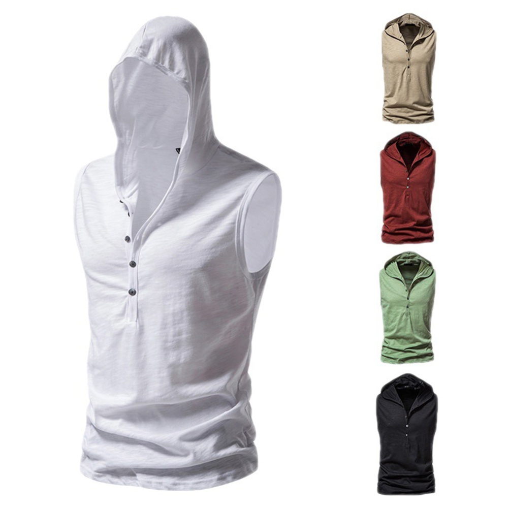 Men Workout Hooded Tank Tops Summer Solid Color Sleeveless Casual T-shirt For Running Fitness White 2XL - Image 2