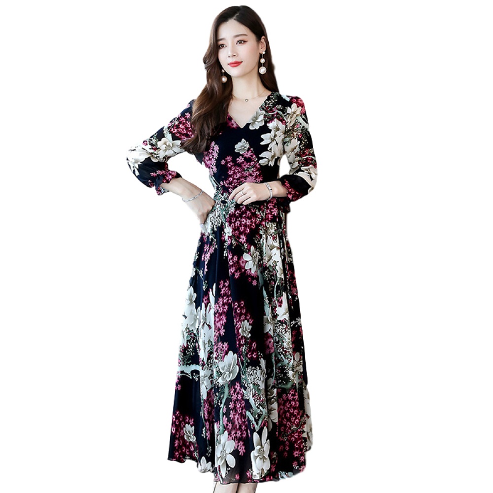 Women Long Sleeve Dress Fall Autumn Floral Printing Waisted V-neck Pink_M - Image 3