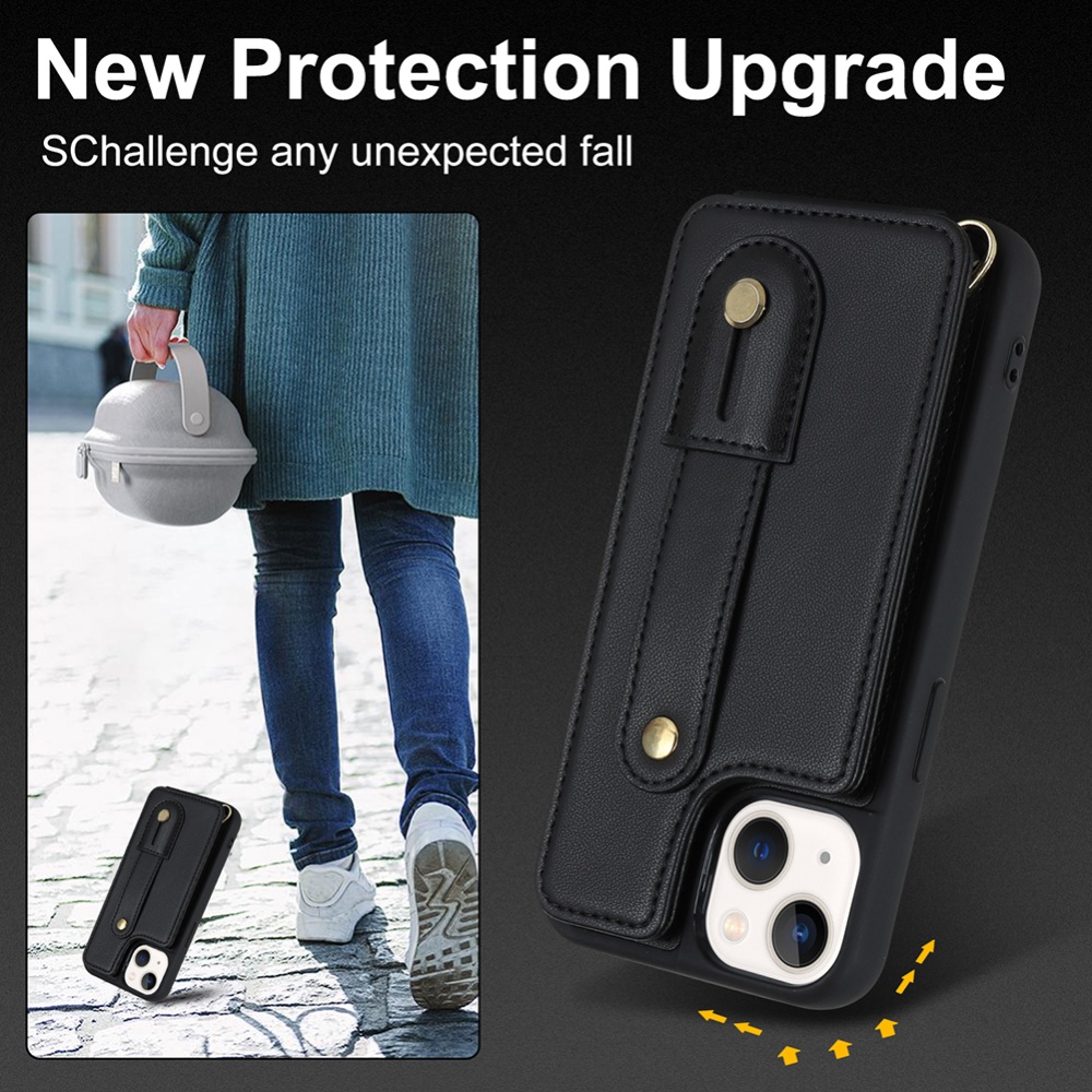 Mobile Phone Case For Iphone14 S23 A54 Leather With Wristband Kickstand Card Holder Strap black 14 plus - Image 2