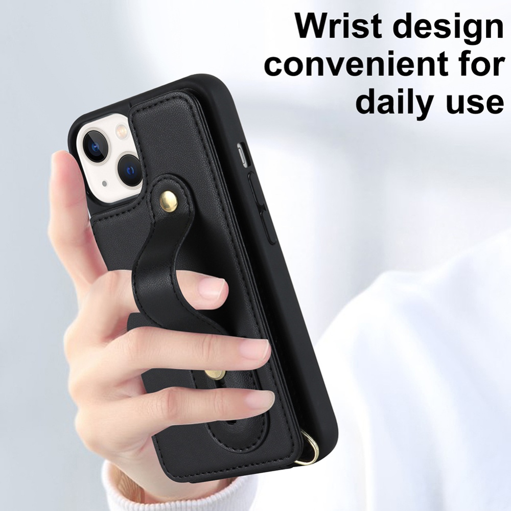 Mobile Phone Case For Iphone14 S23 A54 Leather With Wristband Kickstand Card Holder Strap black 14 plus - Image 3