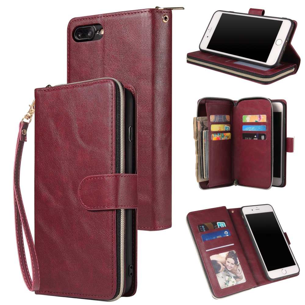 For Iphone 6/6s/6 Plus/6s Plus/7 Plus/8 Plus Pu Leather Mobile Phone Cover Zipper Card Bag + Wrist Strap Red wine - Image 3