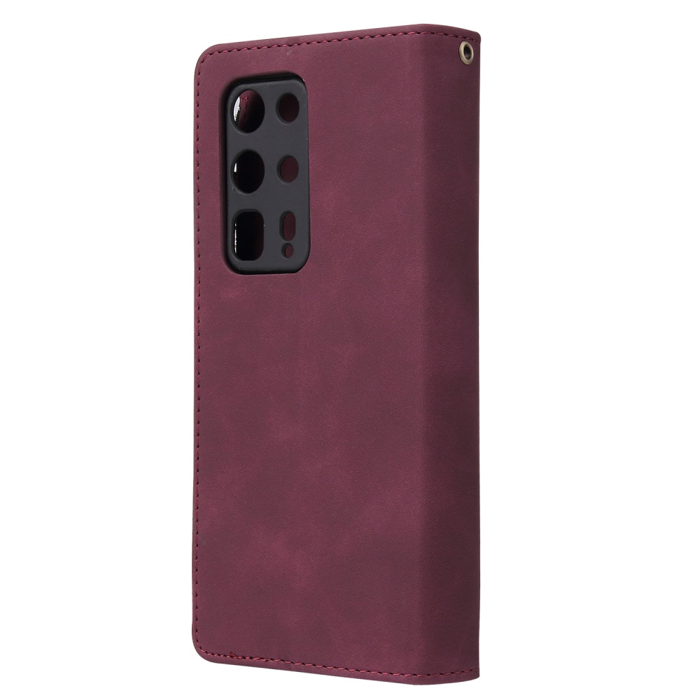 For HUAWEI P40 pro plus Zipper Purse Leather Mobile Phone Cover with Cards Slot Bracket 5 wine red - Image 3