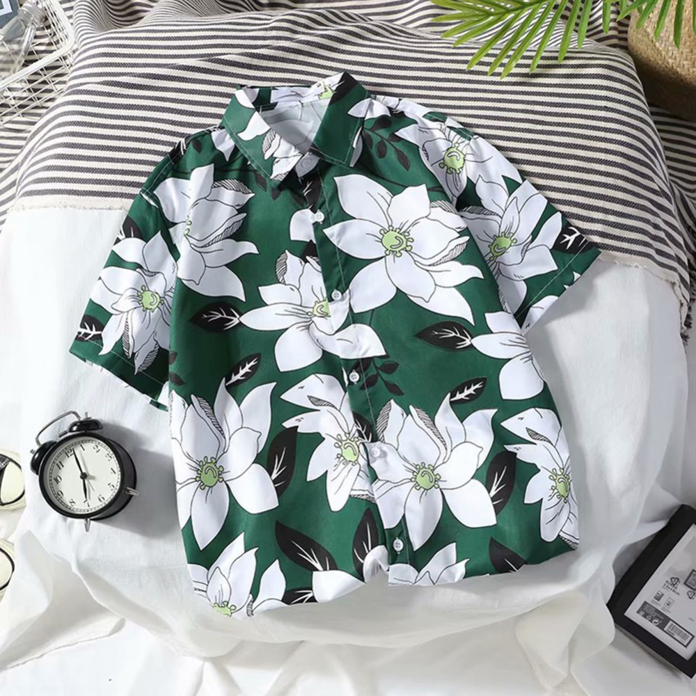 Summer Men Short Sleeves T-shirt Fashion Hawaiian Style Printing Tops Lapel Loose Pullover Beach Shirt 8877 lotus M - Image 2