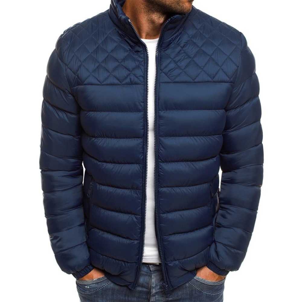 Men's Cotton Padded Clothes Chest Diamond-pattern Zipper Stitching Coat Navy_XL - Image 2