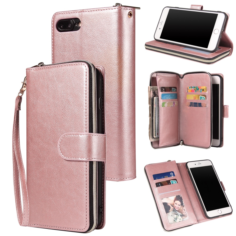 For Iphone 6/6s/6 Plus/6s Plus/7 Plus/8 Plus Pu Leather Mobile Phone Cover Zipper Card Bag + Wrist Strap Rose gold - Image 3