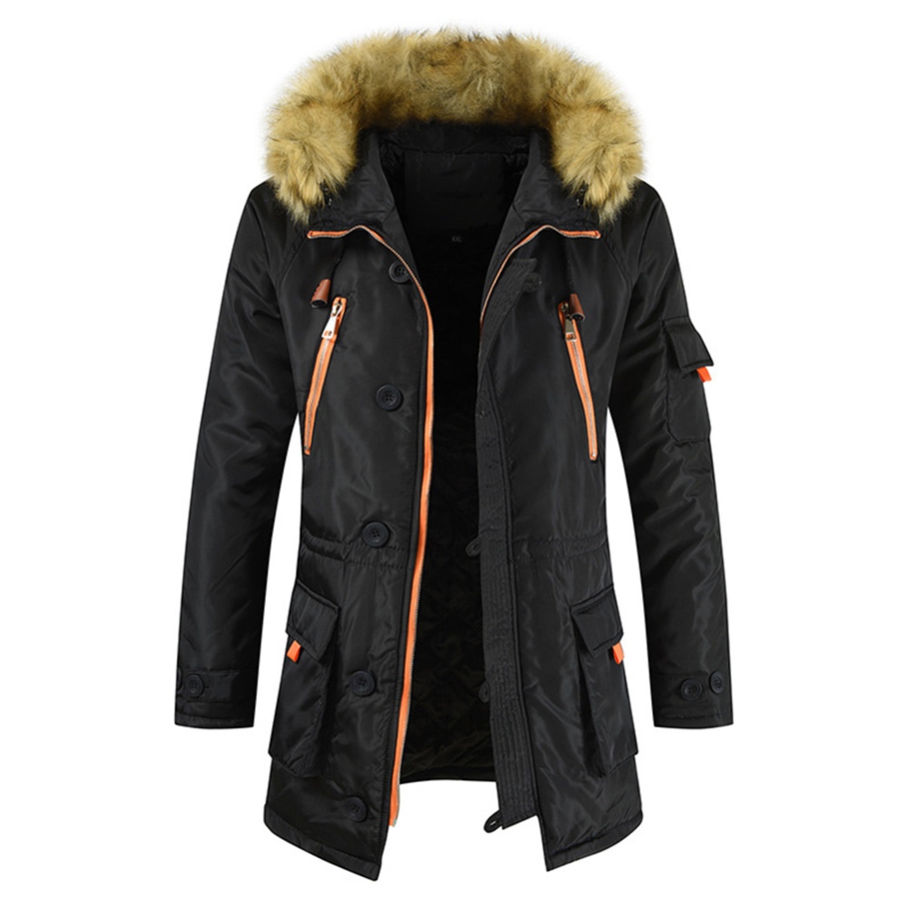 Men's Coat Long Velvet Fur Collar Mid-length Zipper Padded Jacket Black_M - Image 2