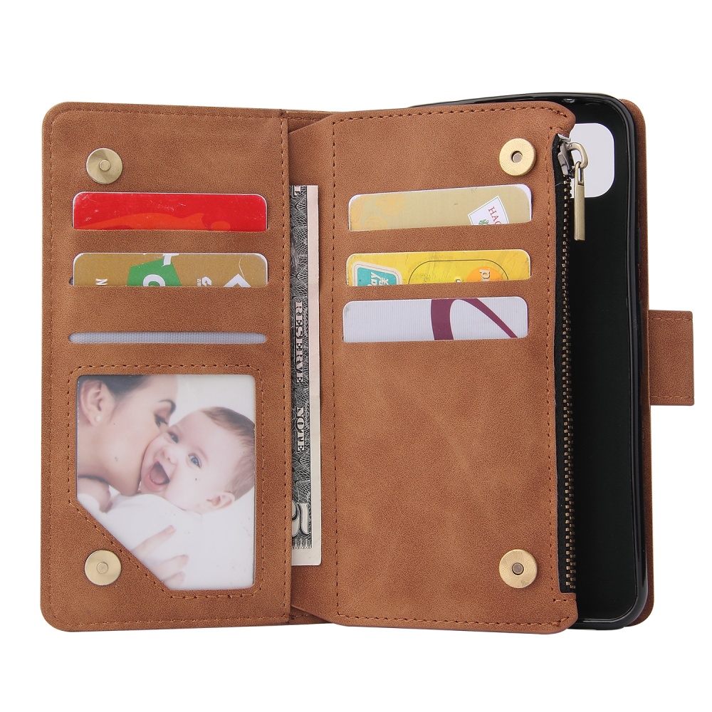 For Google Pixel 4A Leather Mobile Phone Cover with Cards Slot Zipper Purse Bracket 3 brown - Image 3