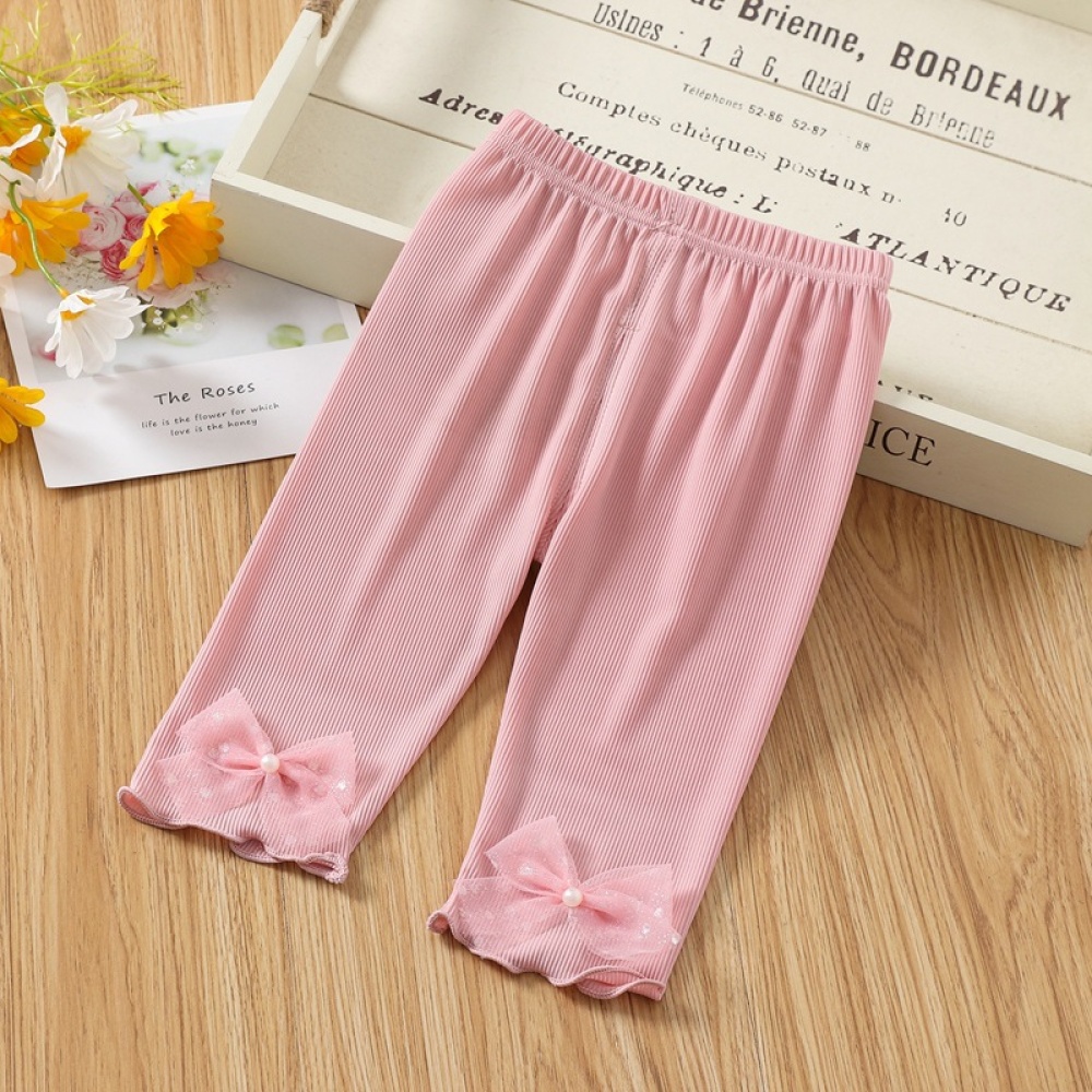 Toddlers Leggings Kids Girls Cropped Pants Solid Color Elastic Waist Belt Summer Outerwear Bottoms lace pink 1-2Y 80cm - Image 3