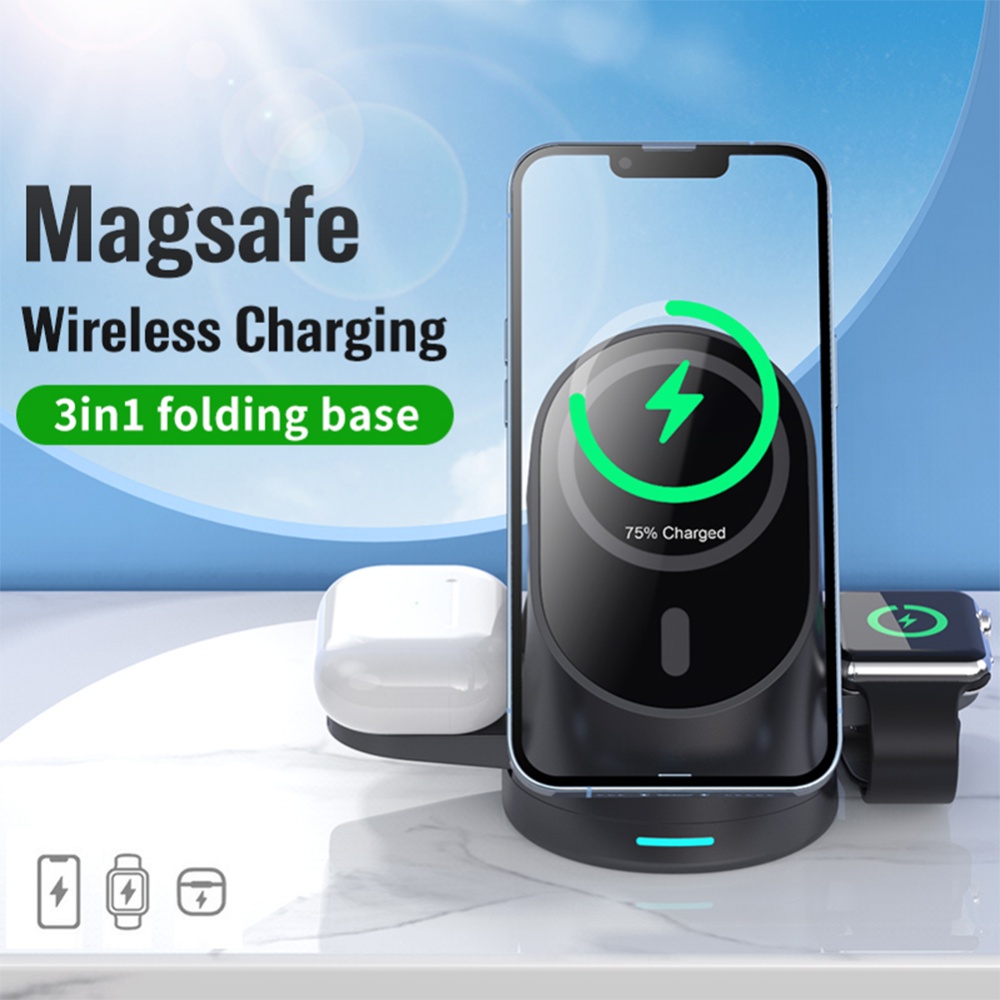 179 3-in-1 Magnetic Wireless Charger Compatible For Iphone12 13 Watch Earphone Charging Device black - Image 3