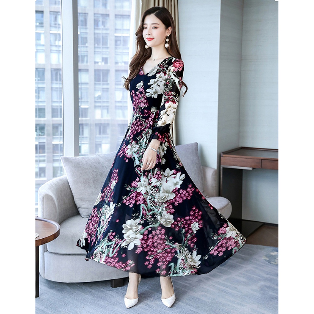 Women Long Sleeve Dress Fall Autumn Floral Printing Waisted V-neck Camel_L - Image 3