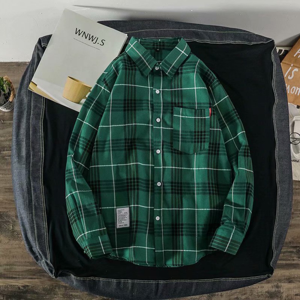 Men's Shirt Casual Long-sleeved Lapel Plaid Pattern Slim Green_M - Image 2