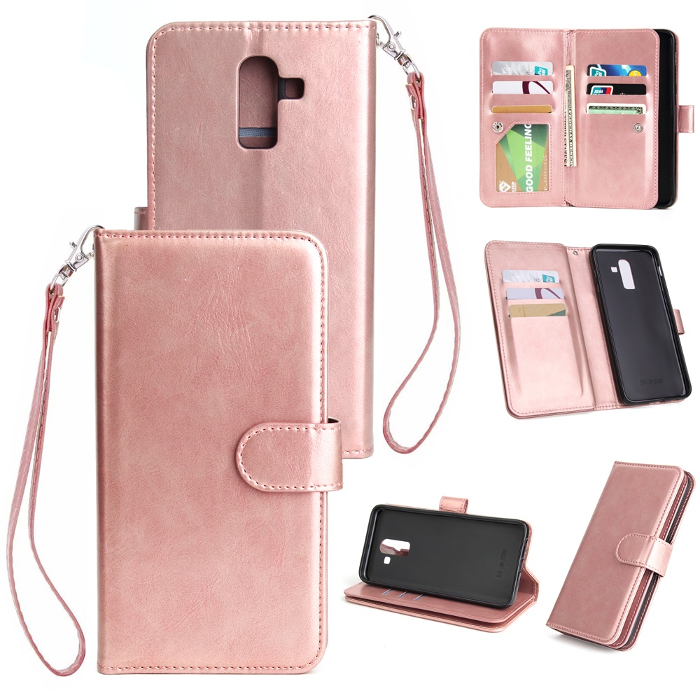 For Samsung J8 2018 PU Non-slip Shockproof Cell Phone Case with 9 Card Slots Lanyard Bracket Rose gold - Image 3