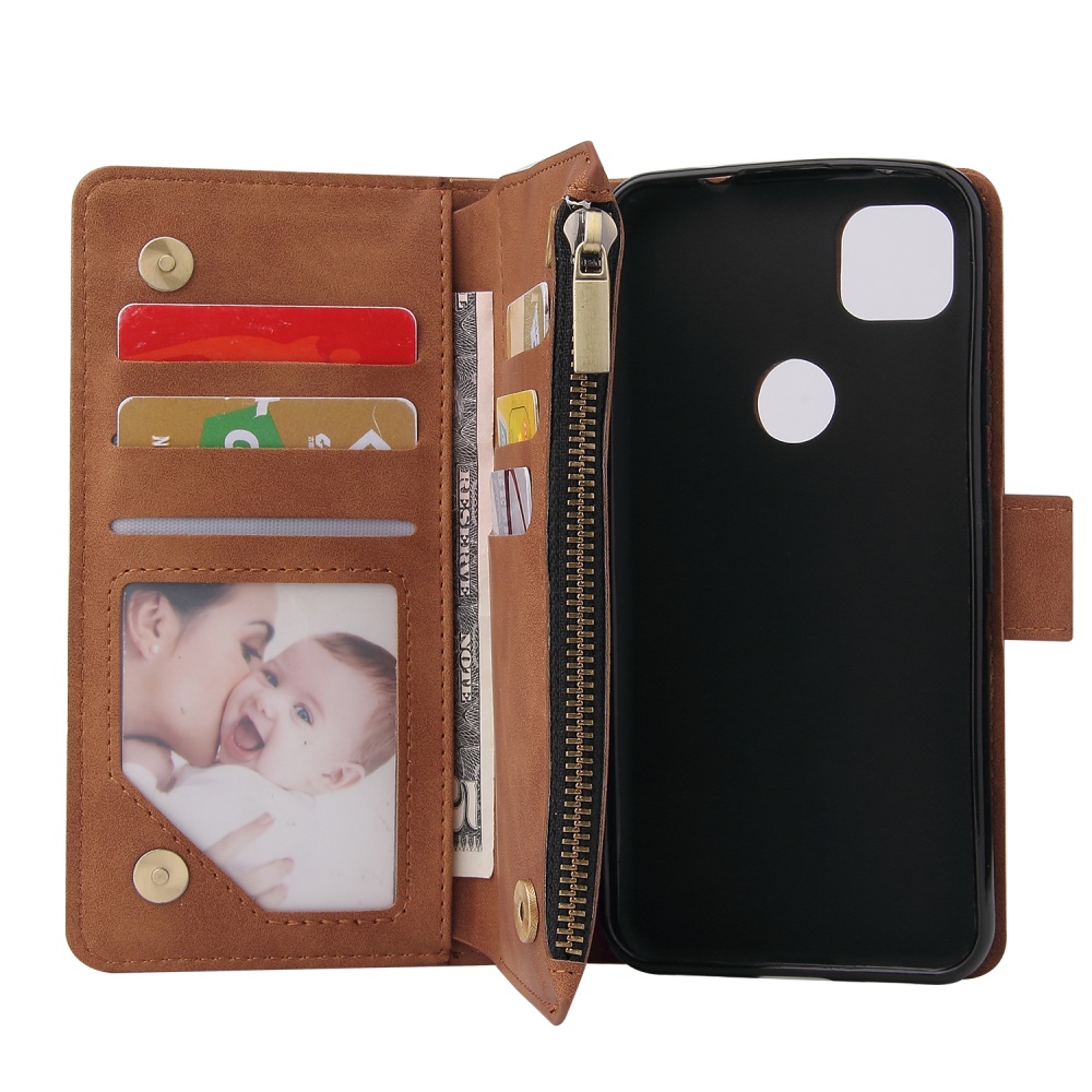 For Google Pixel 4A Leather Mobile Phone Cover with Cards Slot Zipper Purse Bracket 4 brown - Image 3