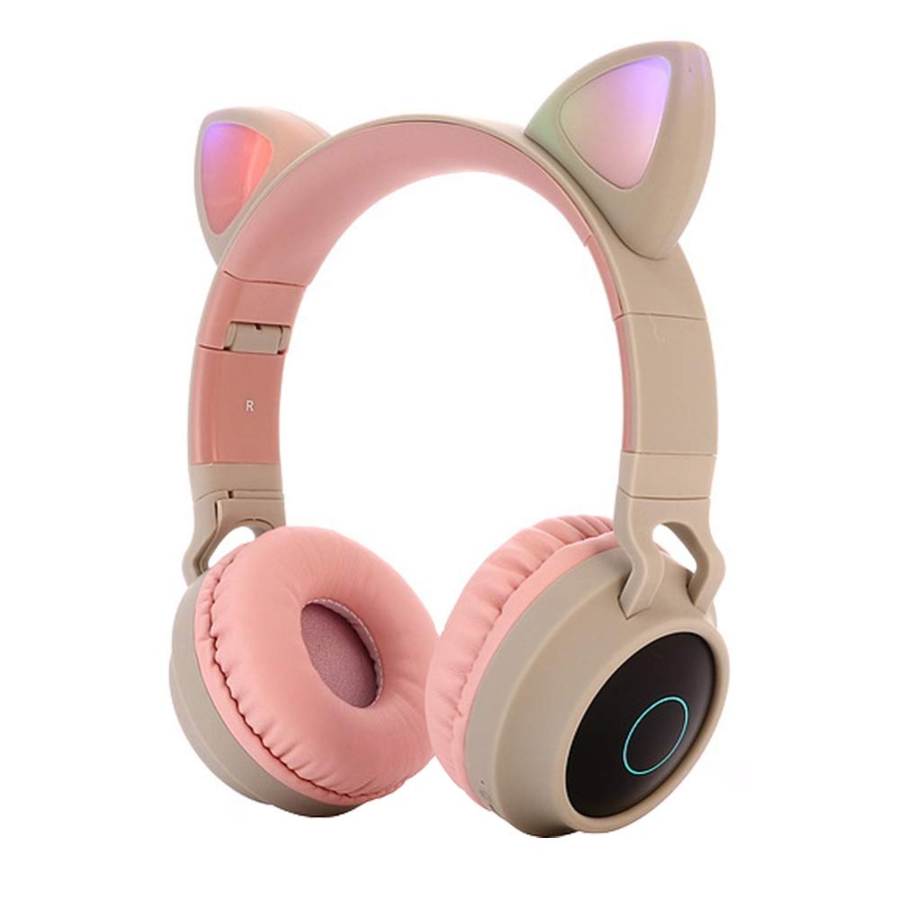 Cute Cat Ear Bluetooth 5.0 Headphones Foldable On-Ear Stereo Wireless Headset with Mic LED Light Support FM Radio/TF Card/Aux in for Smartph