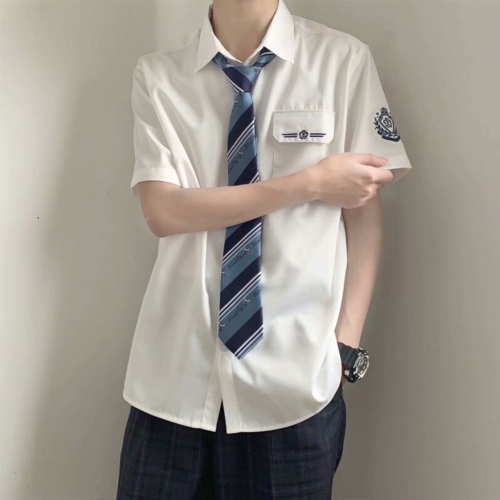 Men's Shirt Summer Embroidery Short-sleeve Uniform Shirts with Tie white_M - Image 3