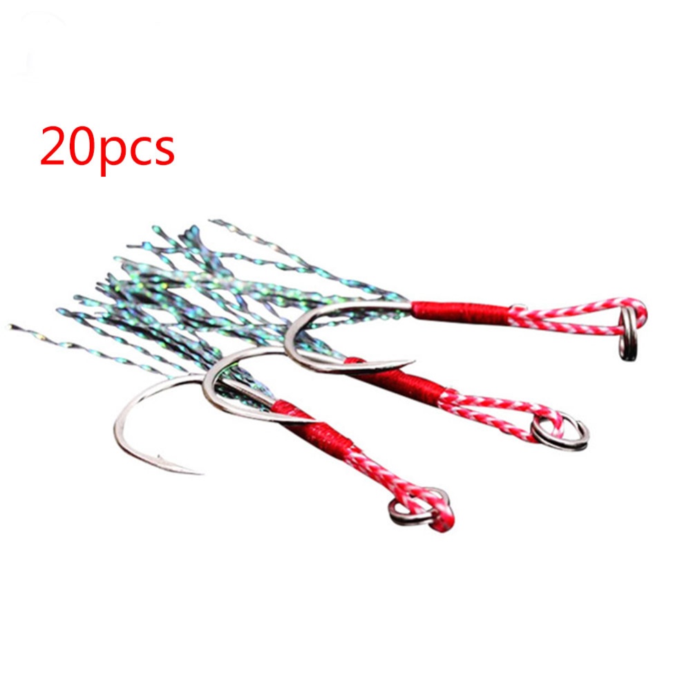 20pcs/lot Fishing Lure Slow Jigging Cast Jigs Assist Hook Barbed Single Jig Hooks Thread Feather Pesca High Carbon Steel Silver blood tank 1 - Image 2