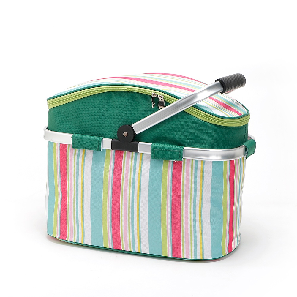 26L Folding Picnic Basket Camping Bags Insulated Cooler Cool Hamper Storage Bag Box Outdoor Rose red stripes - Image 2