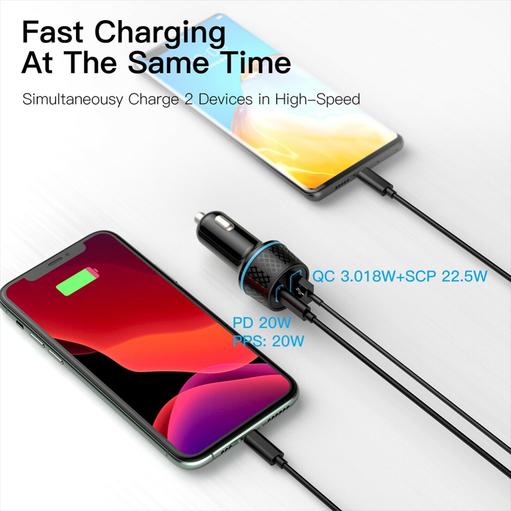 Qc3.0 Usb Car Charger Dual Channel Pd20w Ultra-fast Charging Adapter With Blue Soft Led Light For Mobile Phones Tablets Navigators black - Image 3