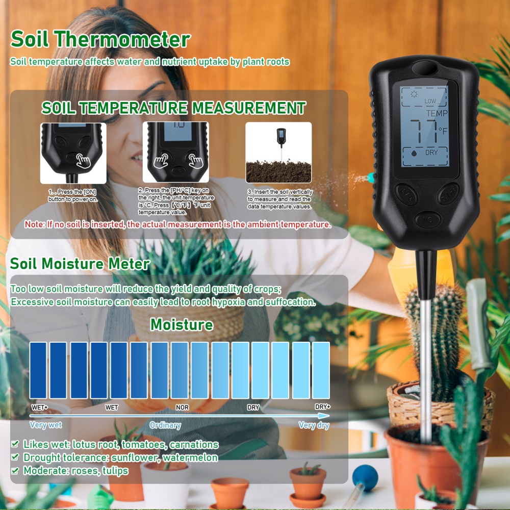 4-in-1 Soil Tester Temperature Humidity Sunlight Ph Value Acid-base Monitor For Gardening Plants black - Image 2