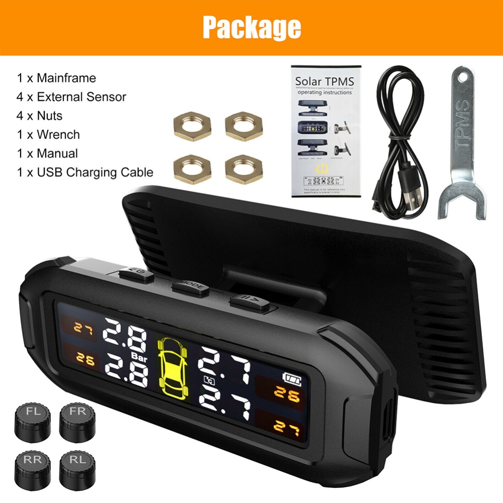 T8 Wireless Solar Car Tire Pressure Monitoring System 4 External Sensors With Temperature Display High Precision Instrument Tpms black - Image 2