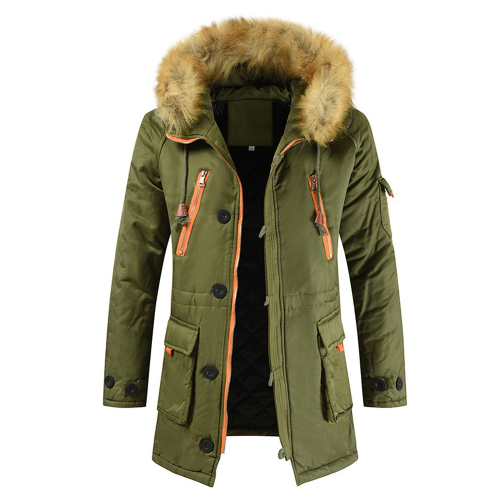 Men's Coat Long Velvet Fur Collar Mid-length Zipper Padded Jacket olive green_L - Image 3