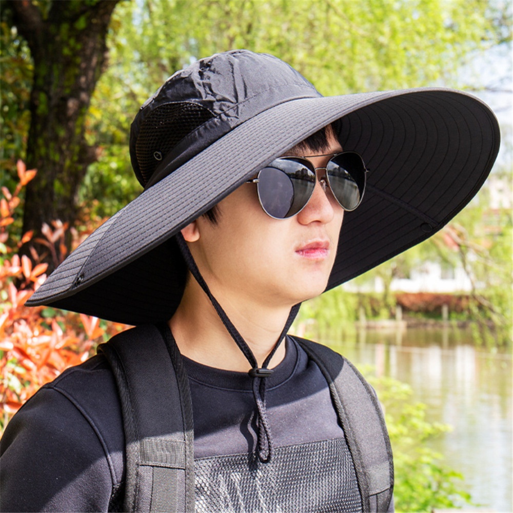 Quick-drying Fabric Fisherman Hat Protection Long Large Wide Brim Mesh Hiking Outdoor Beach Cap Pure color-black_m-56-58cm - Image 3