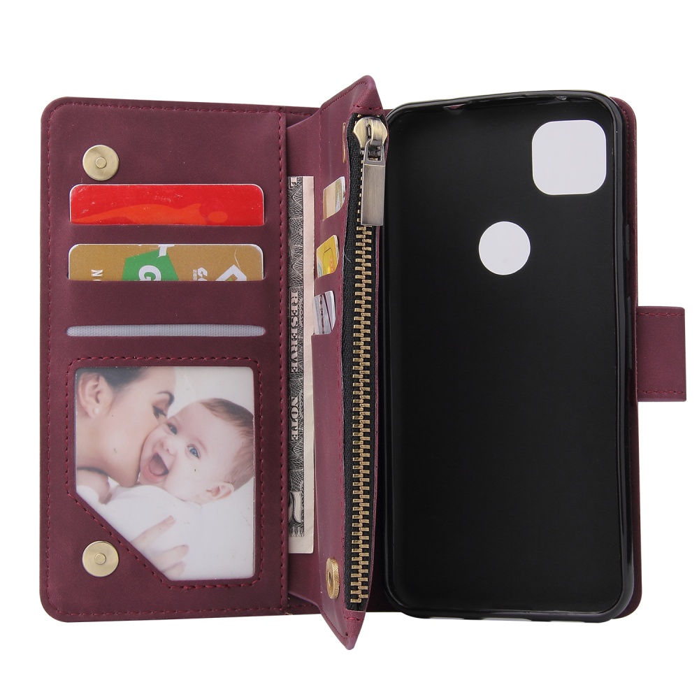 For Google Pixel 4A Leather Mobile Phone Cover with Cards Slot Zipper Purse Bracket 5 wine red - Image 3