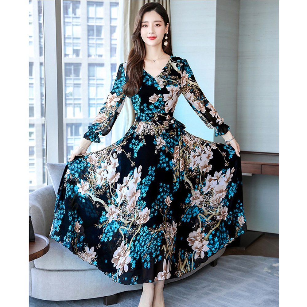 Women Long Sleeve Dress Fall Autumn Floral Printing Waisted V-neck blue_L - Image 3