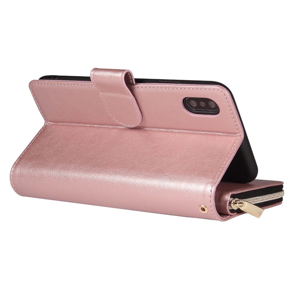 For iphone X/XS/XS MAX/11/11Pro Pu Leather Mobile Phone Cover Zipper Card Bag + Wrist Strap Rose gold - Image 3