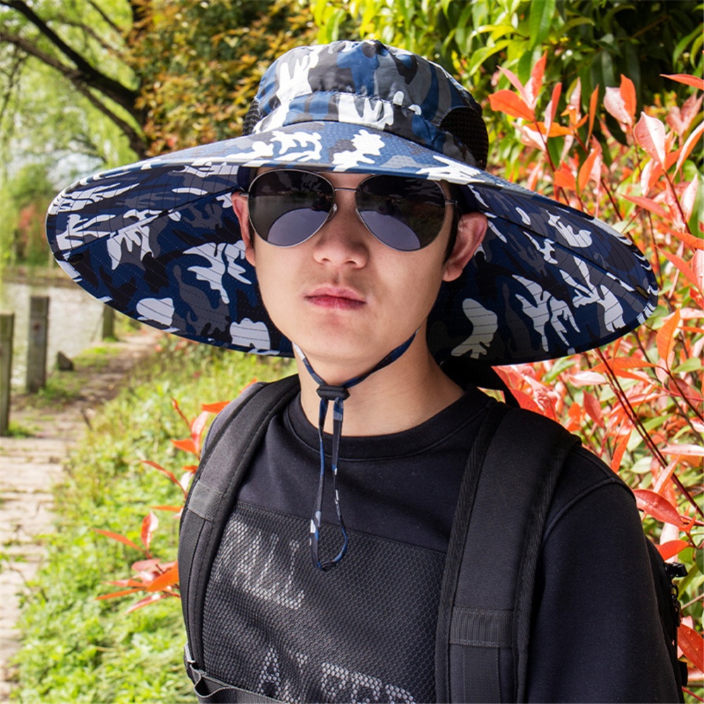 Quick-drying Fabric Fisherman Hat Protection Long Large Wide Brim Mesh Hiking Outdoor Beach Cap Camouflage-Navy_m-56-58cm - Image 3