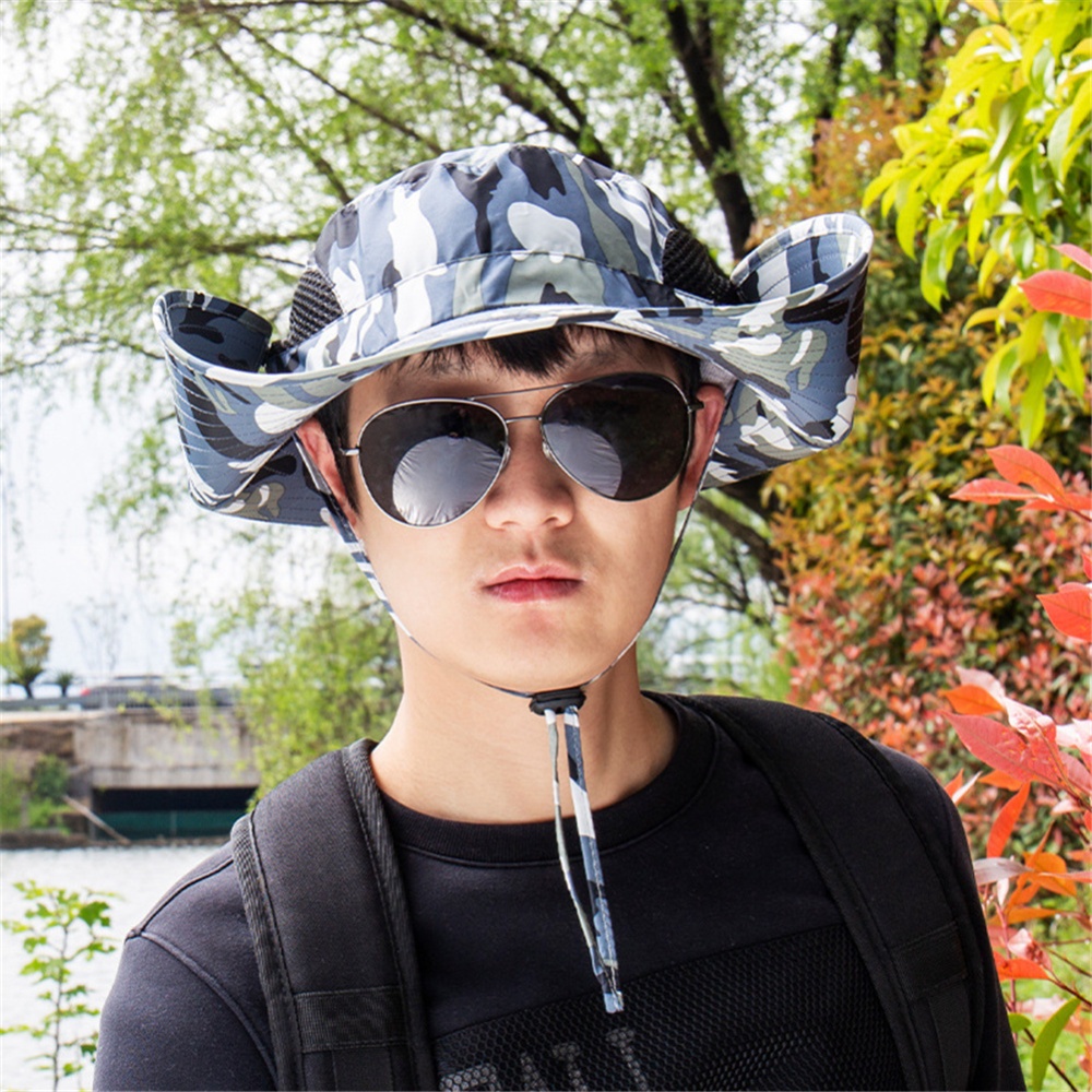 Quick-drying Fabric Fisherman Hat Protection Long Large Wide Brim Mesh Hiking Outdoor Beach Cap Camouflage-Navy_m-56-58cm - Image 2