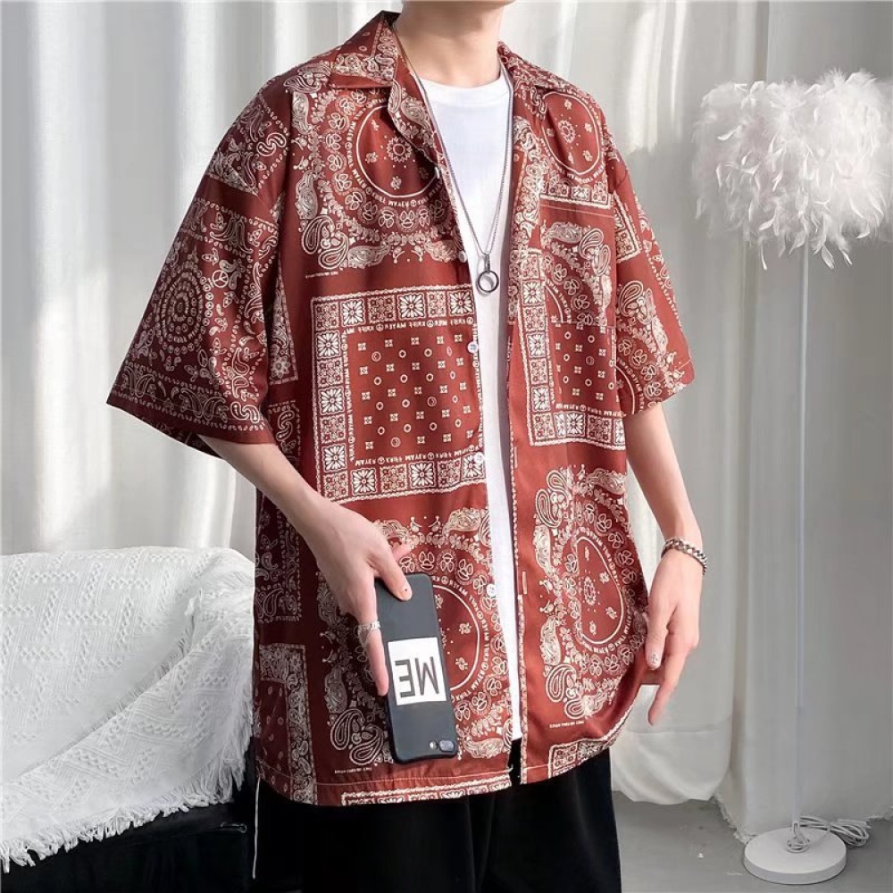 Women Hawaiian Lapel Shirt Retro Ethnic Style Printing Jacket Loose Casual Cardigan Tops For Couple 1301 red XXL - Image 2