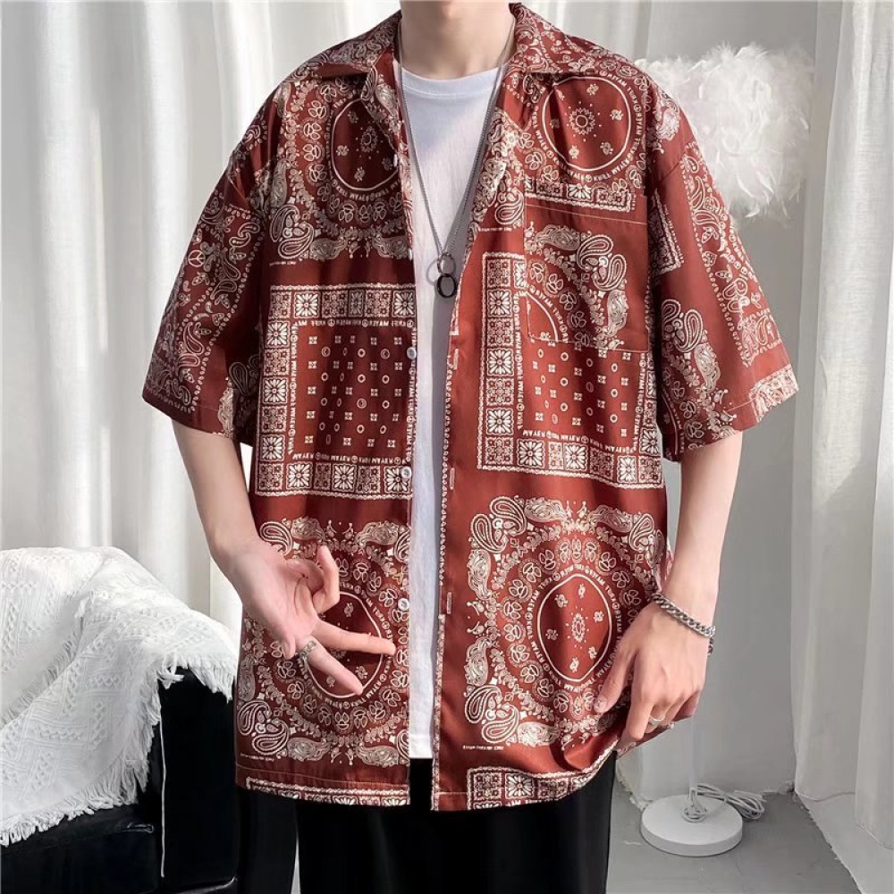 Women Hawaiian Lapel Shirt Retro Ethnic Style Printing Jacket Loose Casual Cardigan Tops For Couple 1301 red XXL - Image 3