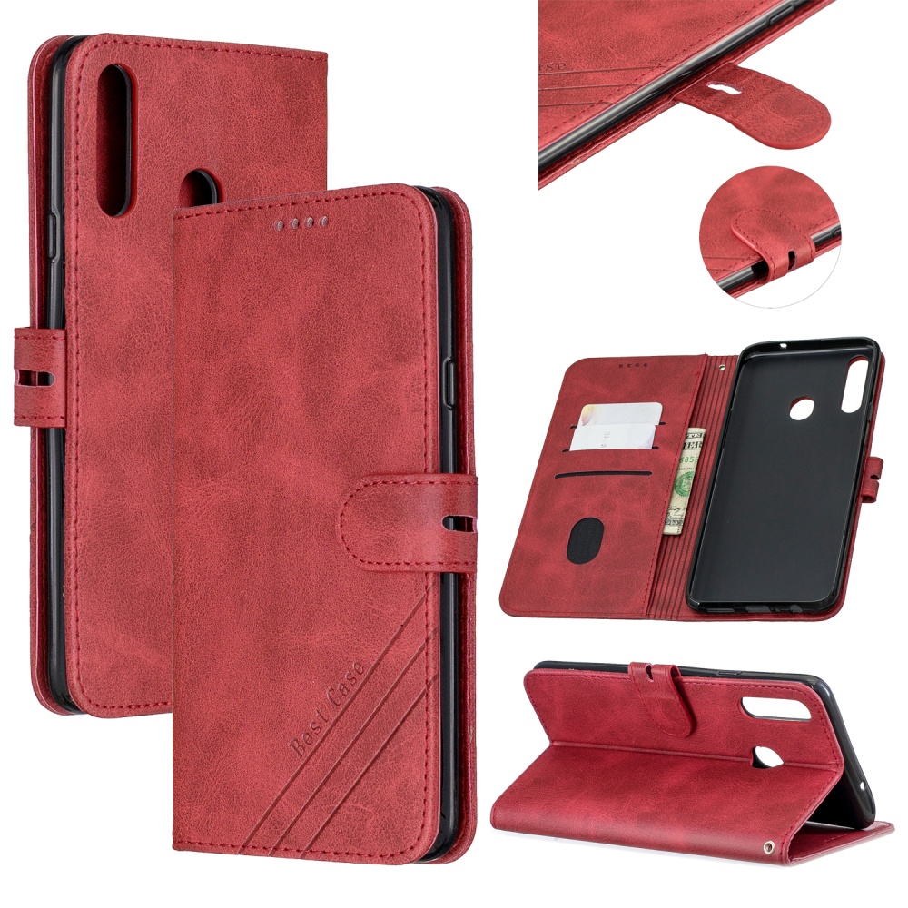 For Samsung A10S A20S Solid Color Denim Texture Front Clasp Bracket Leather Mobile Phone Cover red - Image 3