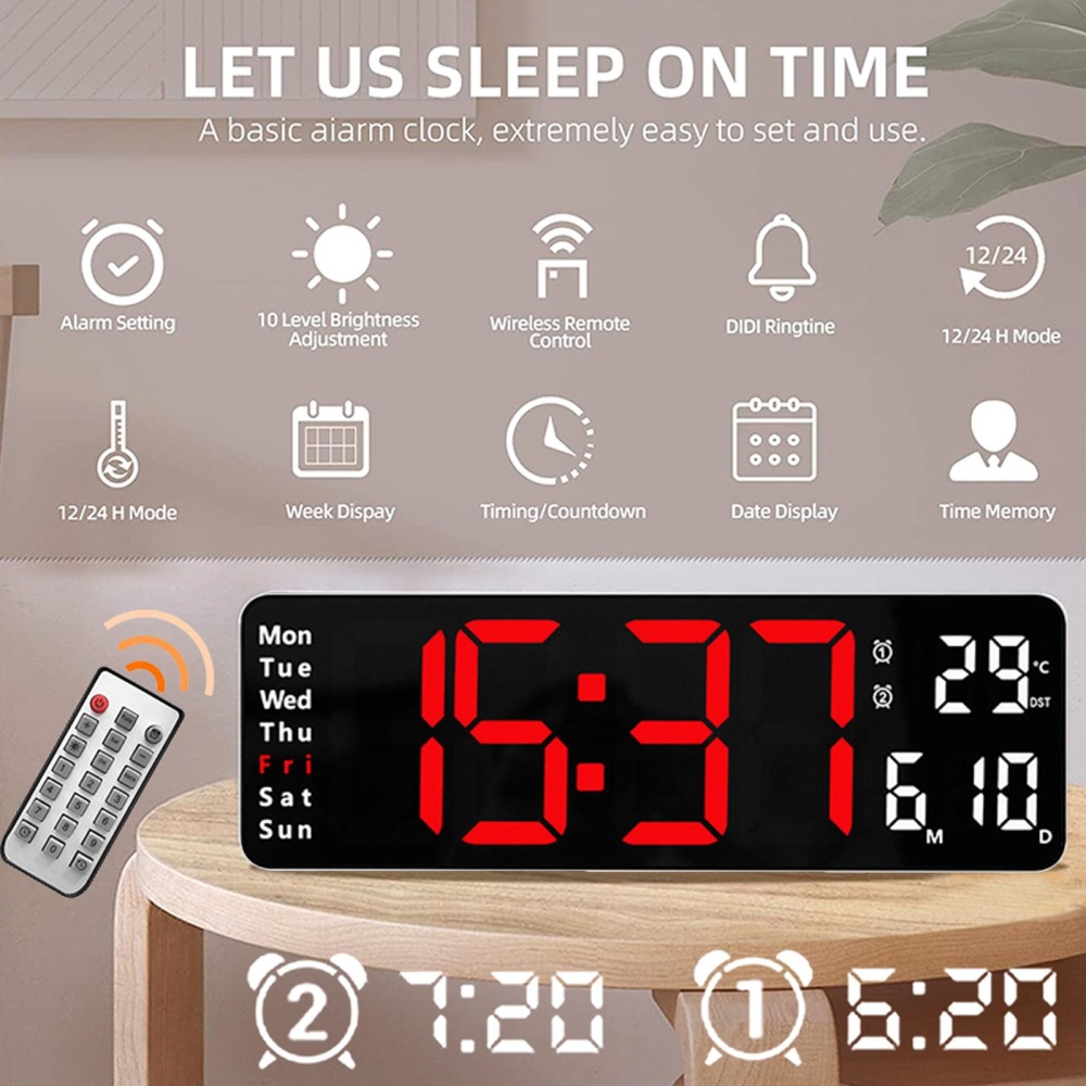 13 Inch Large Led Digital Wall Clock Simple Hanging Remote Display Pendulum Temperature White shell green light - Image 2