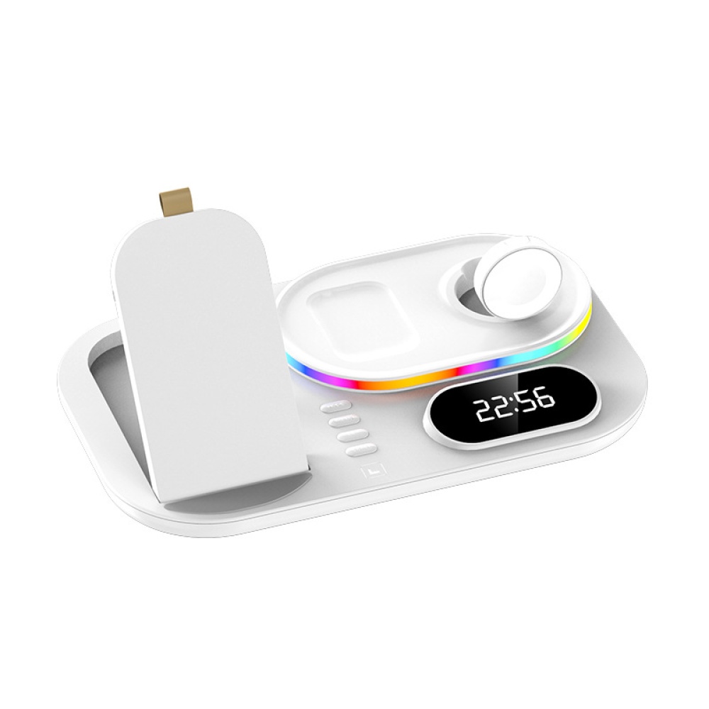 4 In 1 Alarm Clock Wireless Charger For Airpods Pro Iwatch Rgb Led Fast Charging Station Iphone White - Image 3