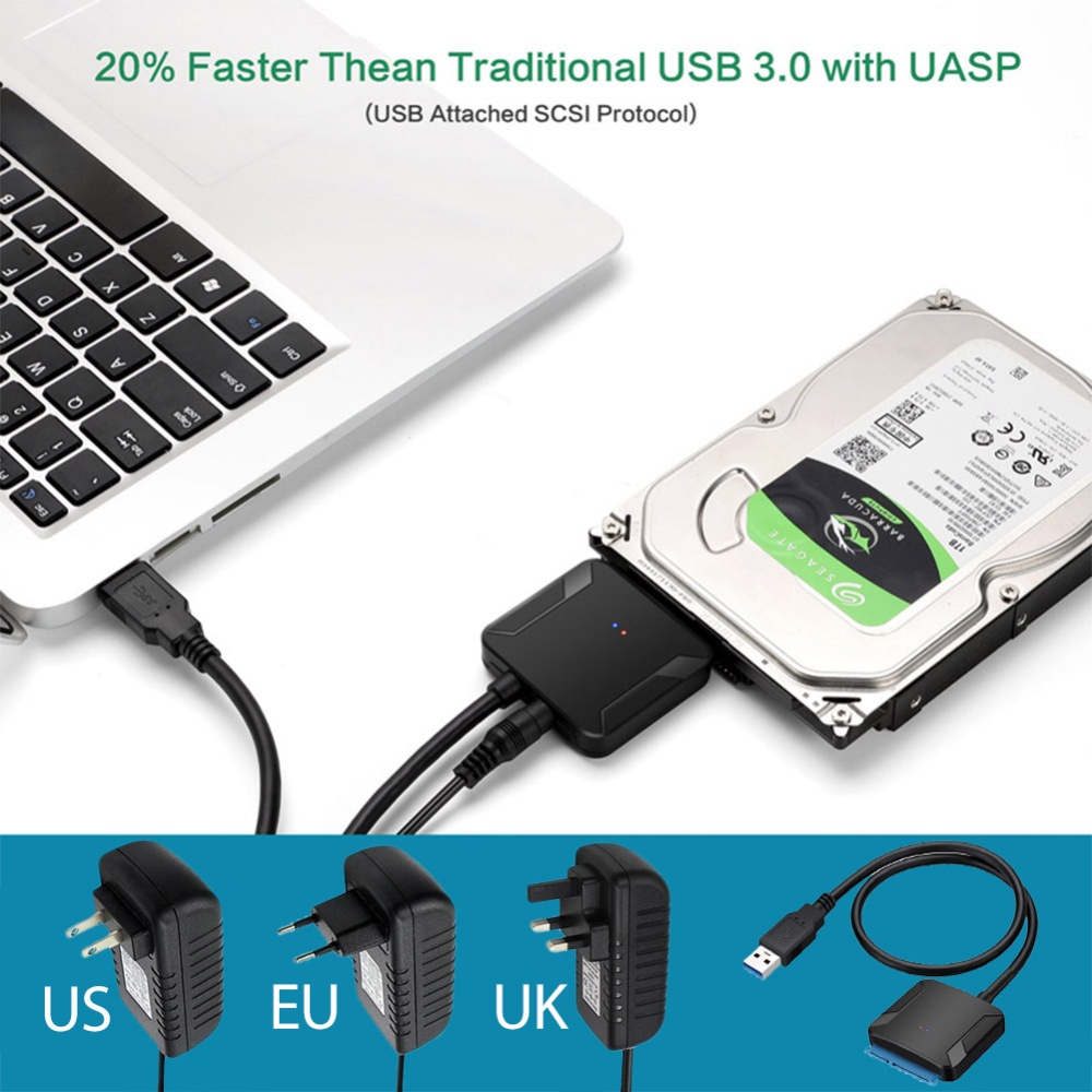 USB 3.0 to Sata Adapter USB3.0 Cable Converter Hard Drive +12v 2A AC Power US Plug - Image 3